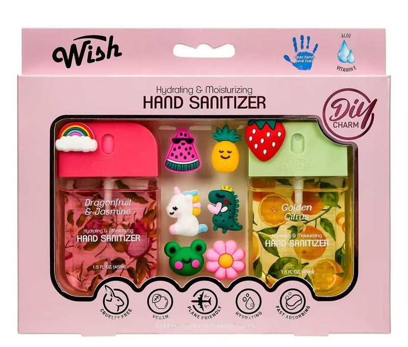 Wish Diy Charm Hand Sanitizer Spary Travel Size Spray 2-Pack Gift Box 1.5 FL OZ (45ML) Each, Dragonfruit, Coconut Cream, Golden Citrus,Cucumber,Sweet Guava Hydrating and Moisturizing, (2) - Image 1